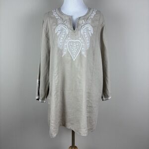 Sympli NYC Tunic Top Womens XL Beige Embroidered Linen Sequin V-Neck 3/4 Sleeve